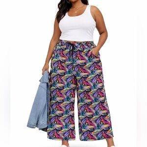Bohemian Colorful Vacation Tropical leaf wide leg split side pants